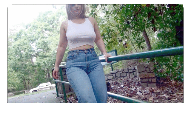 Blonde girlfriend pees jeans while walking