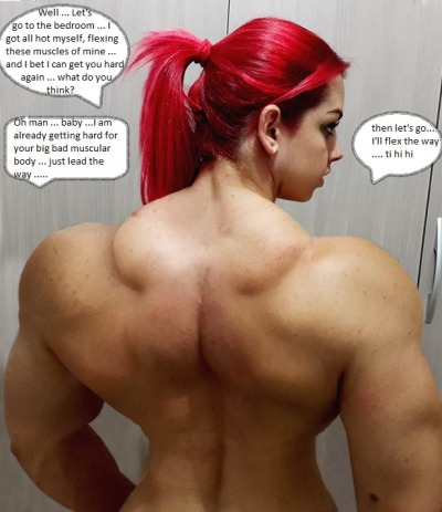 Muscle girl flexing touching herself